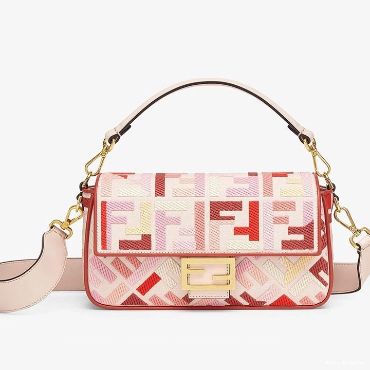 HOT Bag Baguette In Canvas Motif Red Fendi FF Medium Pink 0709